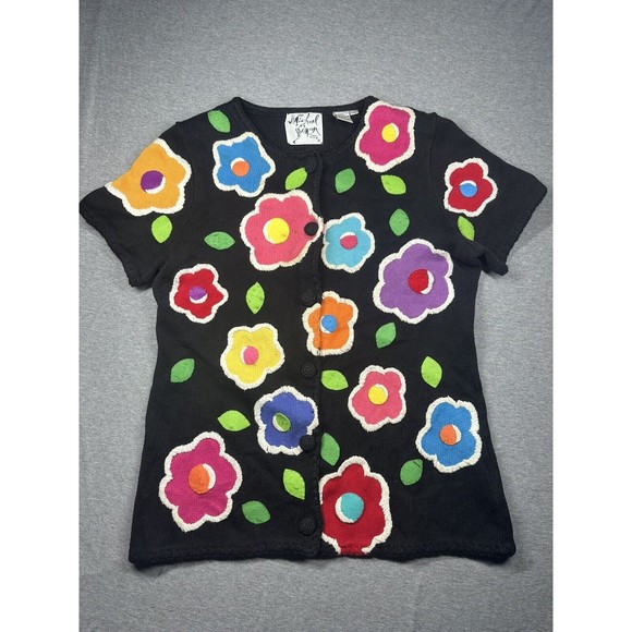 Michael Simon New York Sz L Black Short Sleeves Sweater Women Knit Crochet 1997 - Picture 1 of 14